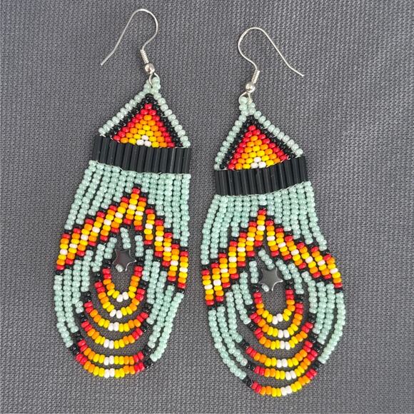 Tribal Earrings Seed Bead Handmade Multicolor Native American Boho Dangle 3” USA - Picture 1 of 16